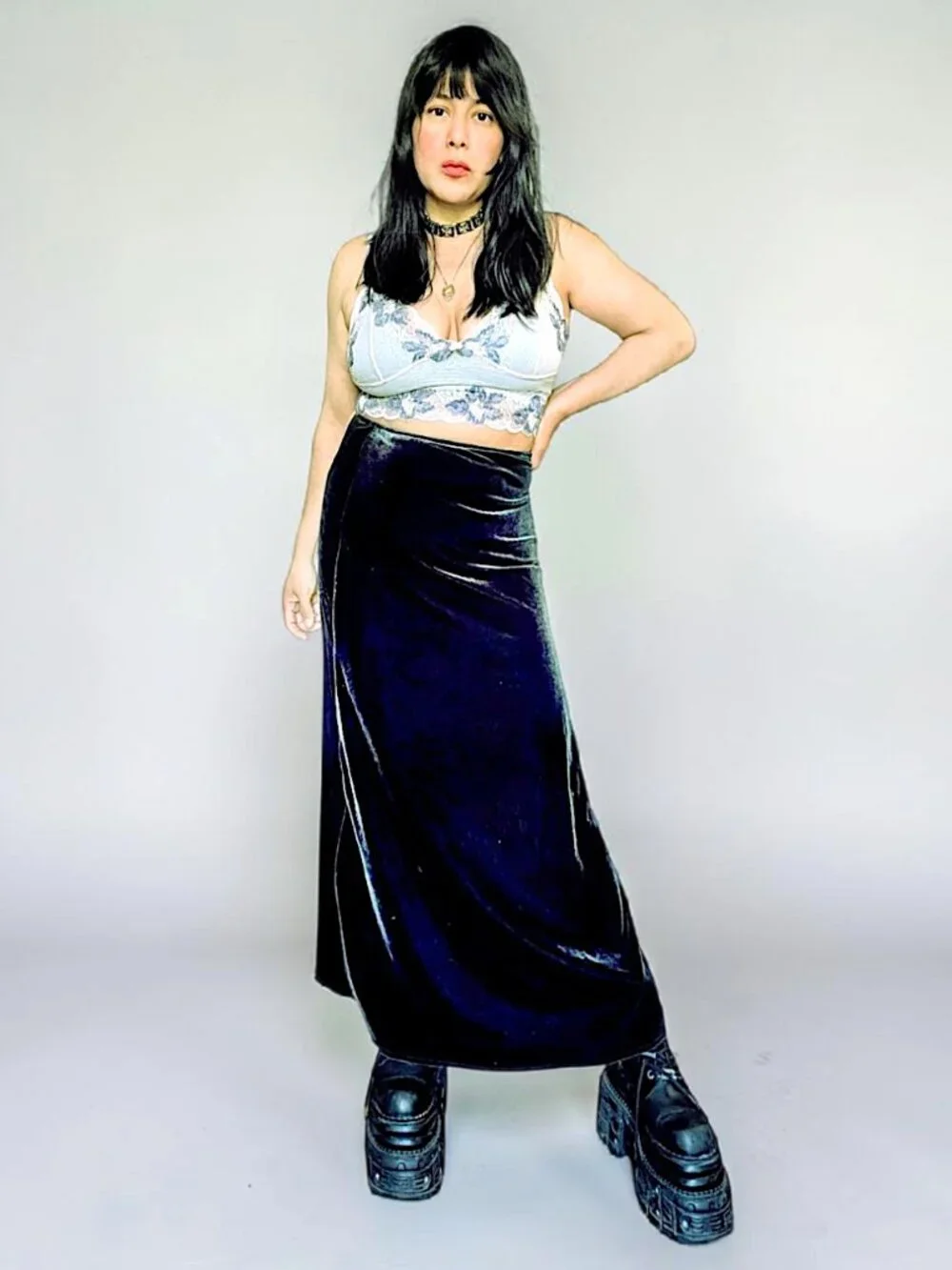 VTG 90s paper tag dark green rib cage high fairy goth grunge velvet maxi skirt 4
